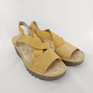 Fly London Yaji Honey Wedge Sandal Size Yellow Leather Criss Cross Slingback‎ 36